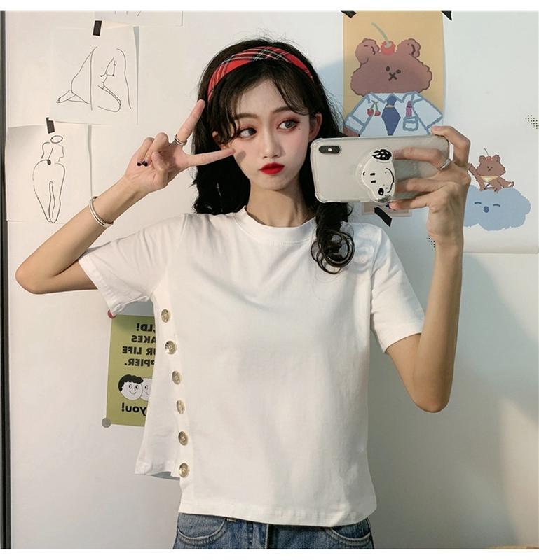 Product Introduction of Women's Short-Sleeved T-shirt 2020 Summer New Fashionable Stylish Ins Trendy Korean Versatile Short Type Design Sense Niche Top 19