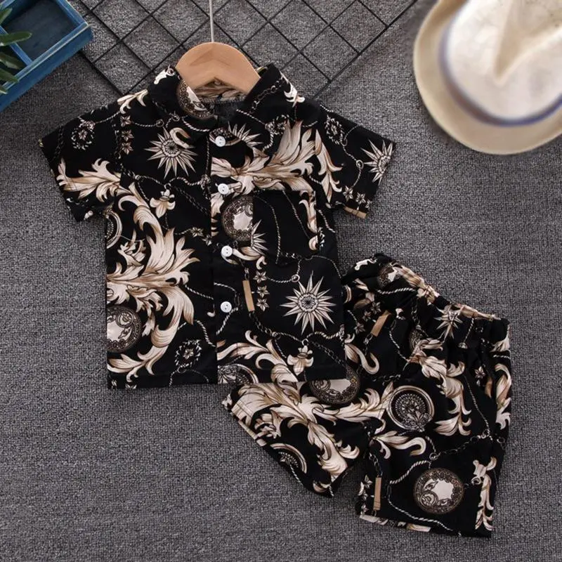 Kids Boys Suit Short-sleeved Single Breasted Full-print Shirt +Shorts