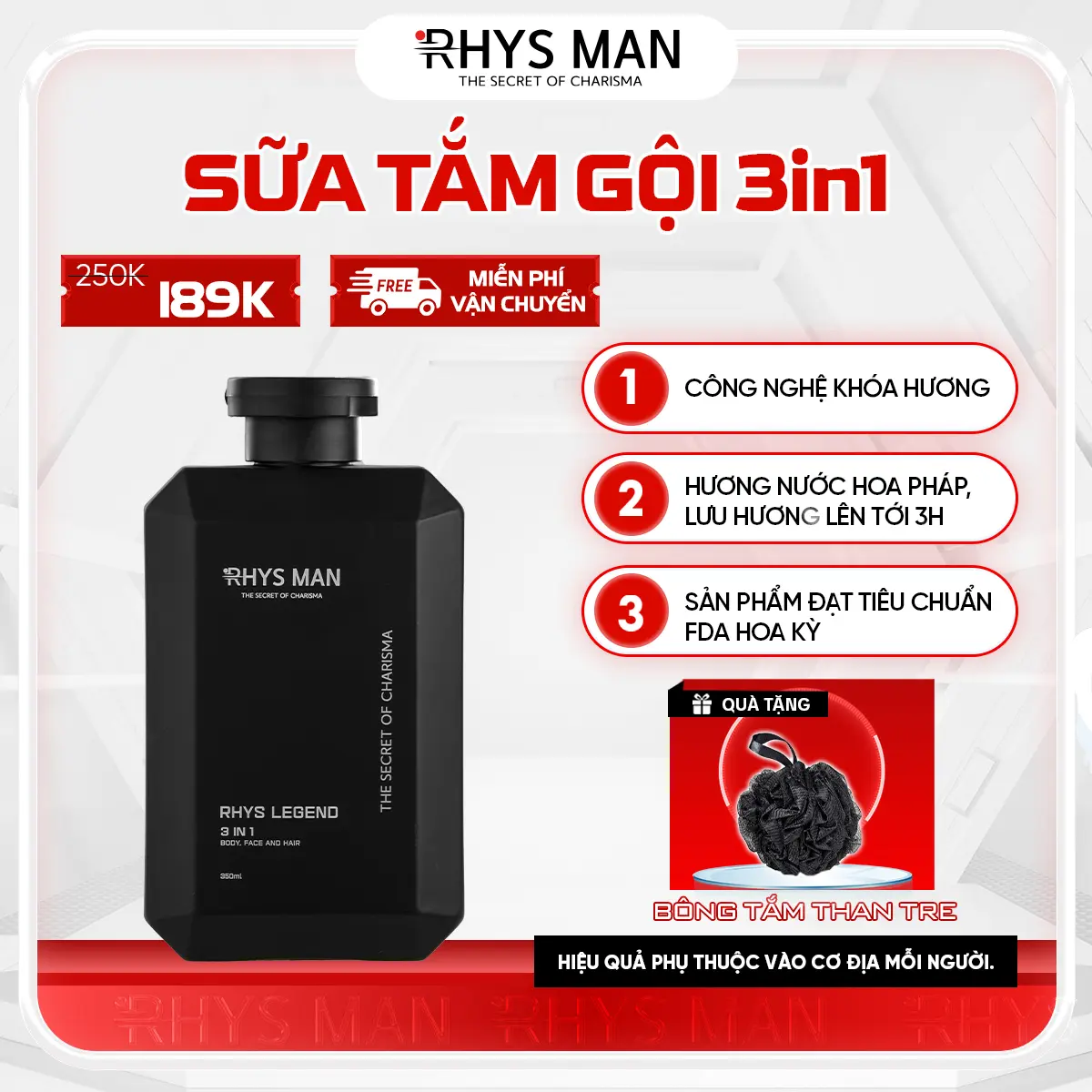 Sữa tắm gội nam RHYS MAN hương nước hoa 3in1 Rhys Legend 350ml | Mua 1 tặng Bông tắm than tre