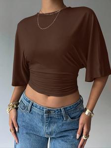 Camiseta de mujer para verano, top corto fruncido con mangas murciélago | Camiseta de modal suave con dobladillo entallado | Top corto estilo Y2K, esencial para fashionistas de la moda callejera en verano