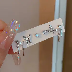 Anting Set Tusuk Tindik Perak Silver 6 Pcs Aesthetic Aksen Butterfly zircon heart Anting-Anting Wanita Korean Style