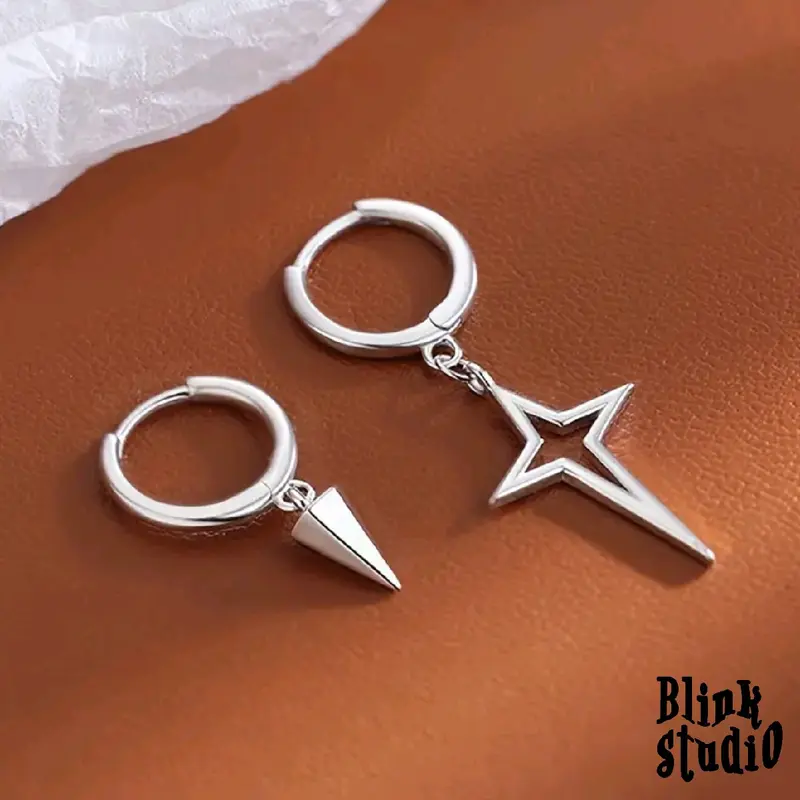 devanka earring - (anting tindik) model bintang dan geometri kerucut / set 2pcs bahan titanium anti karat cocok untuk pria maupun wanita anting  bintang cowok bintang y2k 0