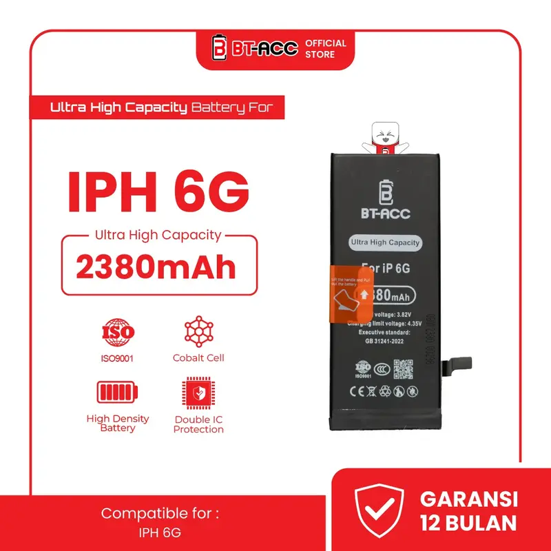 BT-ACC Ultra High Capacity Battery Baterai Batre For iPhone 6 With 2380mAh