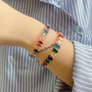 Gelang Bangle Fleksibel Motif Permata Batu Zircon Warna Warni Cantik Titanium Stainless Steel