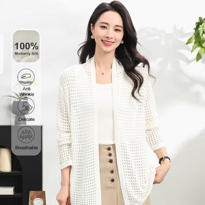 MuMeng [100% Mulberry Silk] Hollow Knit Women's Lightweight Cardigan Sweater, Breathable Open-Front Cover-Up for Summer, Elegant Casual Outerwear5568