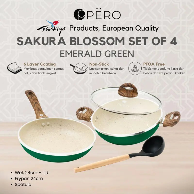 [Exclusive Koko Panci PO 10 Juli] Pero Hampers Ramadhan Sakura Blossom Granite Cookware 24cm Set of 4 Glass Lid /  Pero Hampers Lebaran Wajan Set Penggorengan Frypan dengan Tutup Kaca Free Spatula Silicone / Kitchenware 3