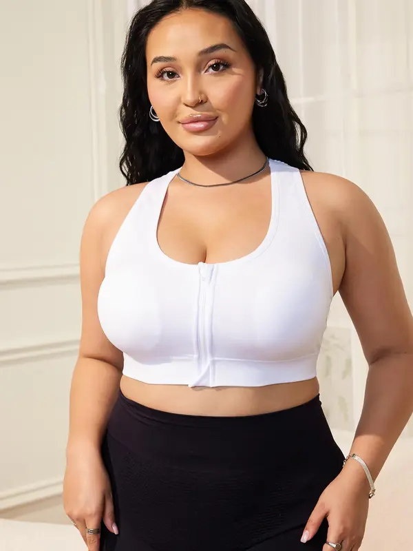 【Plus Size】 Solid Front Zipper Bralette, Casual Comfy Breathable Seamless Hollow Out Bra for Daily Wear, Women's Plus Size Lingerie for All Seasons 4