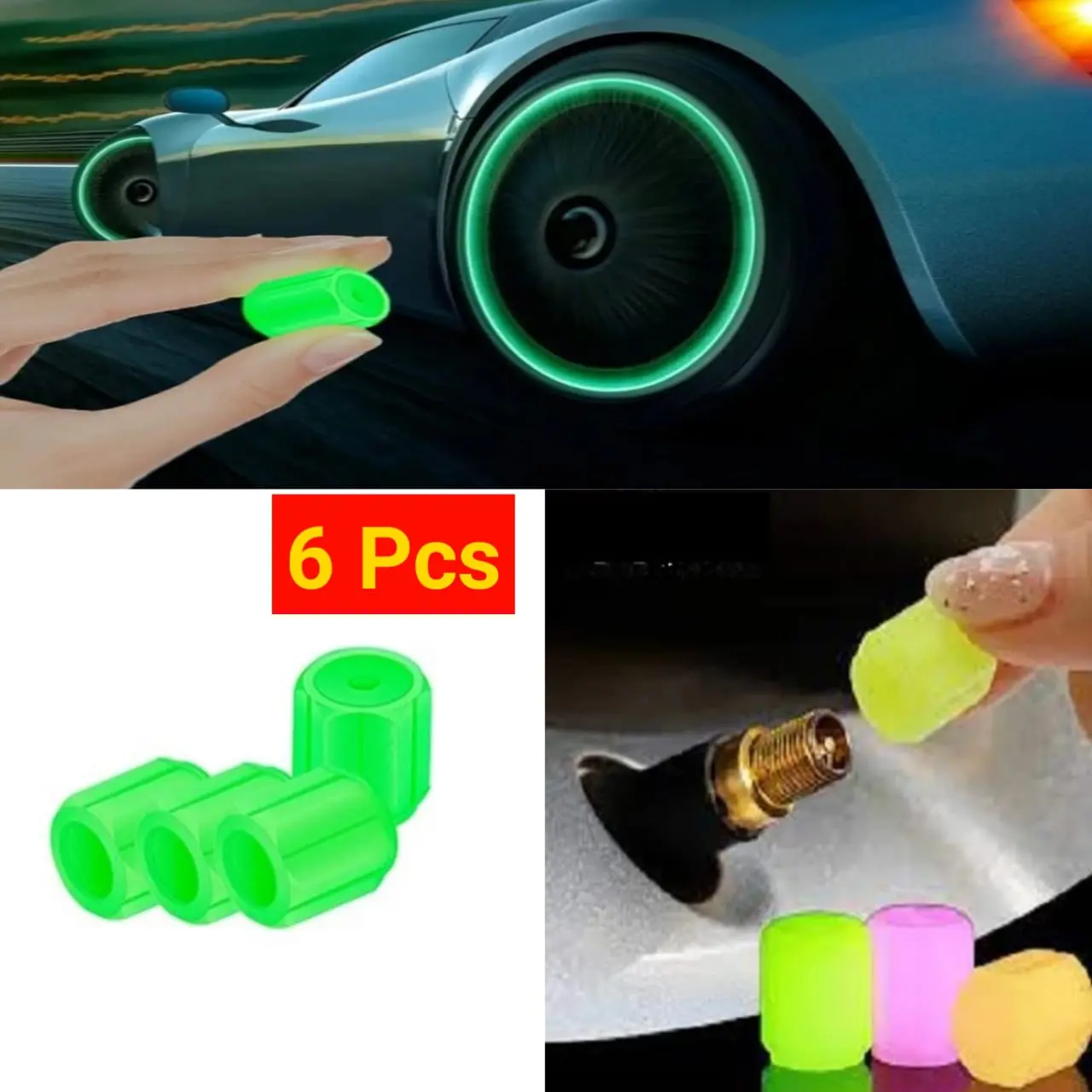 (6pcs) Tutup Pentil Roda Ban Sepeda Motor Mobil Glow In The Dark Glowing Neon Car Kendaraan