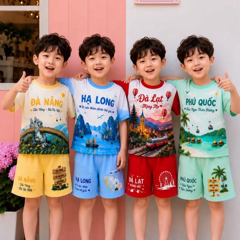 Bộ Danh Lam Thám Cảnh Cộc Tay Cho Bé Trai Bé Gái Chất Thun Mềm Mịn Co Giãn Thoáng Mát