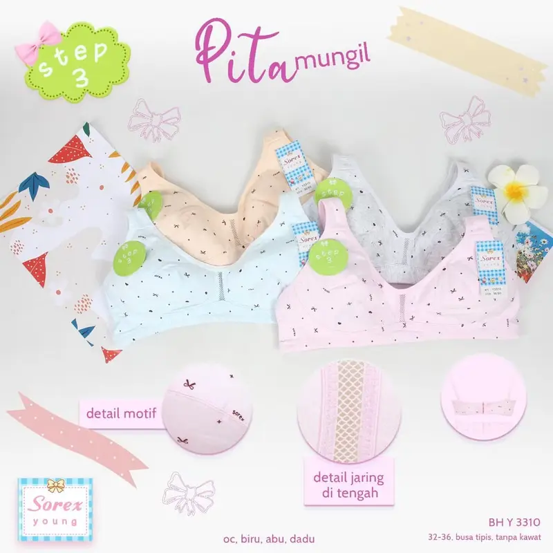 PAKET 3Pcs Bra Remaja Sorex  Young Y3323 Y3324 Y3325 Y3310 Sorex Young step 3 no busa no kawat 5