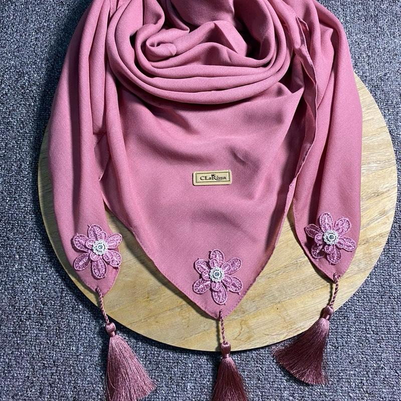 segi empat sarah bunga tasel bahan voal model terbaru Kerudung Nyaman Lembut Muslim Square 8