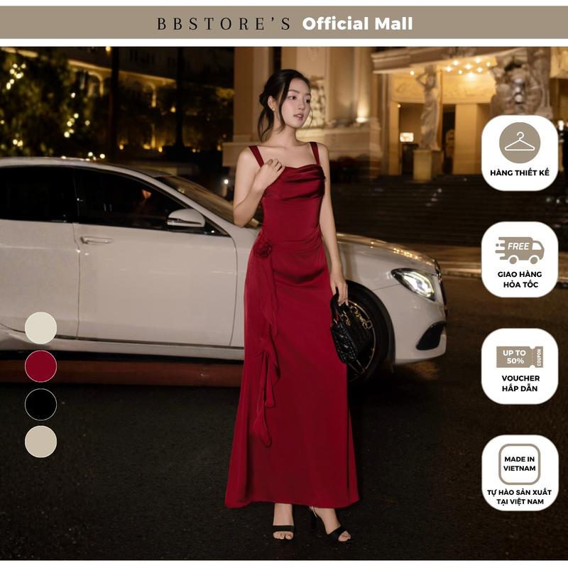   BBSTORE'S  Đầm Hai Dây Tiệc Lụa Tô Châu Dài Cổ Đổ Kết Hoa 3D Form Đuôi Cá - D4575A 
