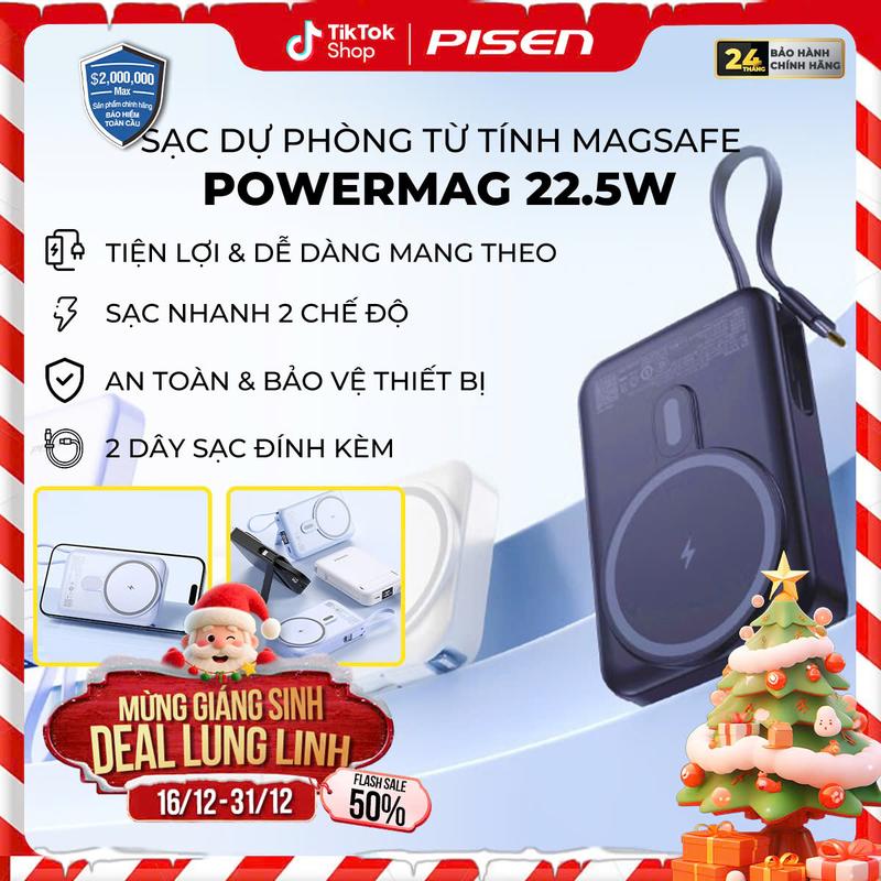 PISEN Sạc Dự Phòng Từ Tính Pisen Quick PowerMag 22.5W 10000mAh | Sạc Nhanh 2 Chế Độ | Có Giá Đỡ | Sạc 4 Thiết Bị 1 Lúc Nhỏ Gọn Bỏ Túi Dễ Dàng Mang Đi Phù Hợp Điện Thoại Android IOS | | TP-D114 | Bảo Hành 24 Tháng | Bảo Hiểm 2 Triệu Đô