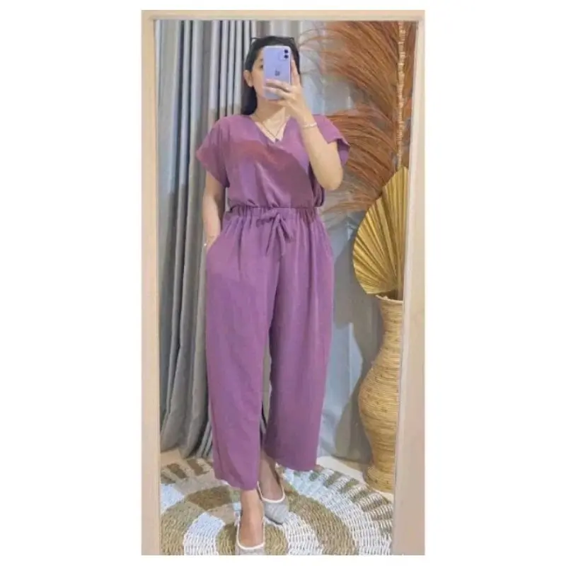 Setelan Crinkle Airflow Lengan Pendek Celana Panjang Kulot Wanita Baju Atasan