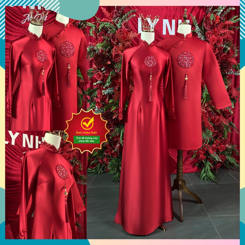 Cặp áo dài cô dâu kết Hỉ Bướm cổ tay chất vải Lụa Pháp - Áo Dài Lynh Nữ Women Áo Cưới Váy Cưới Dress Voan Voi