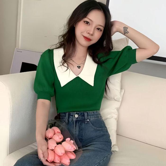 Product Introduction of Baju Fashion Wanita Rajut Style Polos Kerah V Atasan Knit Lengan Pendek Korean 22