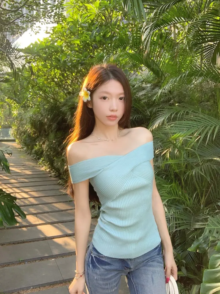 Áo Trễ Vai Dệt Kim Vai Dopamine, MosesQueen, ngắn Tay, Bó Sát Và Gợi Cảm, Áo Trễ Vai, Thích Hợp Cho Mùa Hè, # 59821 | BigBuy360 - bigbuy360.vn