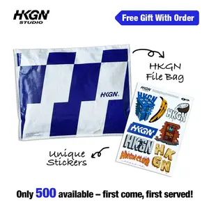 HKGN Brand Tas anyaman dengan file brand, stiker, kaos pendek gaya American streetwear, unisex.