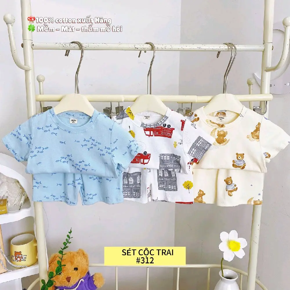 [cộc trai]Sét 3 bộ quần áo cộc tay cotton xuất dư cho bé trai có hoạ tiết, vải cotton mềm mịn thấm hút mồ hôi cho bé trai