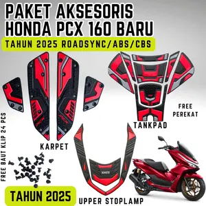 PAKET AKSESORIS MOTOR HONDA PCX 160 2025 & 2026 ROADSYNC/ABS/CBS KARPET/TANKPAD/UPPER STOPLAMP BEHEL
