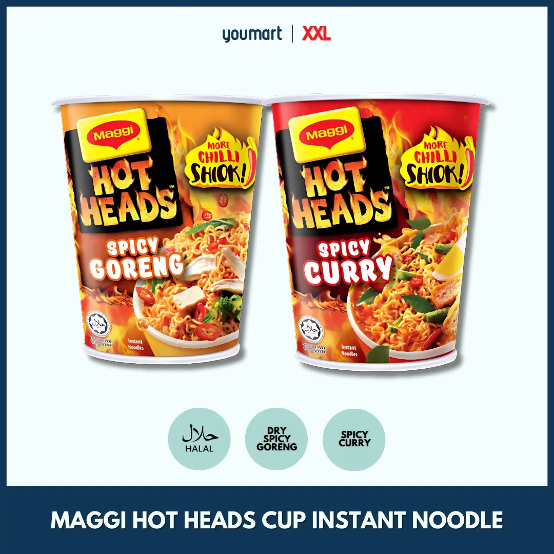 Maggi Hot Heads Cup Instant Noodle • Halal • Dry Spicy Goreng / Spicy Curry • by XXL Store • 3 cups bundle