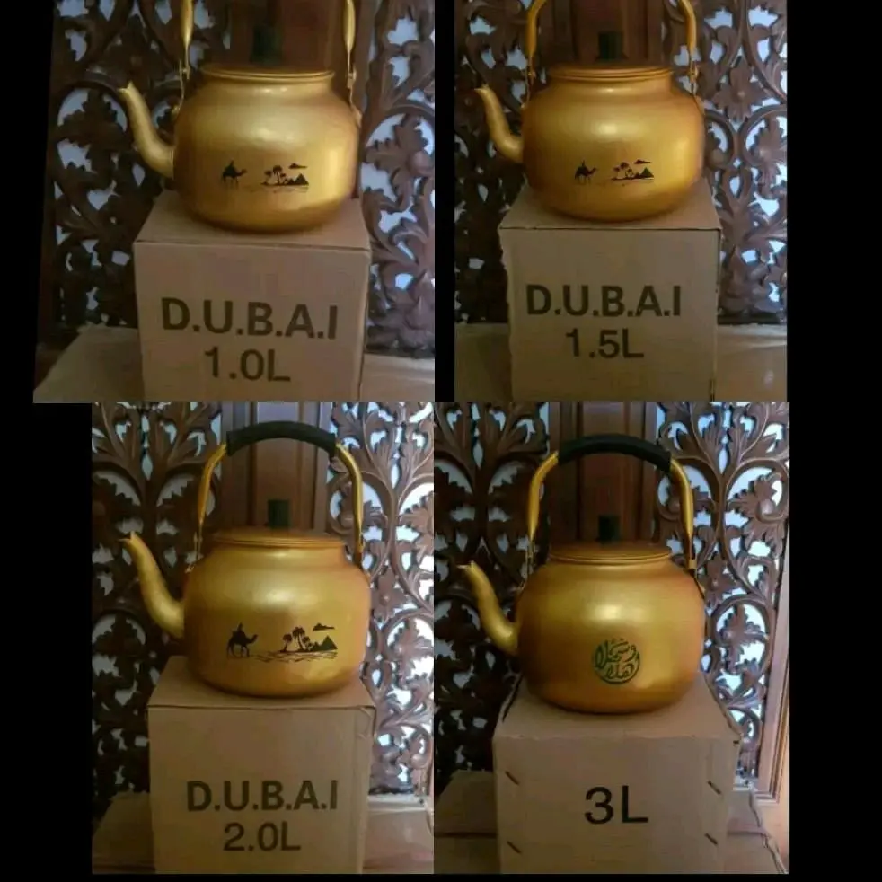 teko kuning gold emas bahan alumunium saudi oleh oleh haji ukuran 1 L, 1,5 L, 2L, 3L Tea set plus saringan