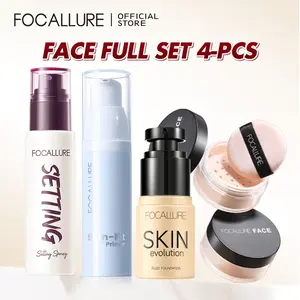 (PAKET MAKEUP) FOCALLURE 4PCS Set Skin-Fit Primer & Setting Spray | Foundation Full Coverage + Oil Control Loose Powder | Ultra-Fix Makeup Lock