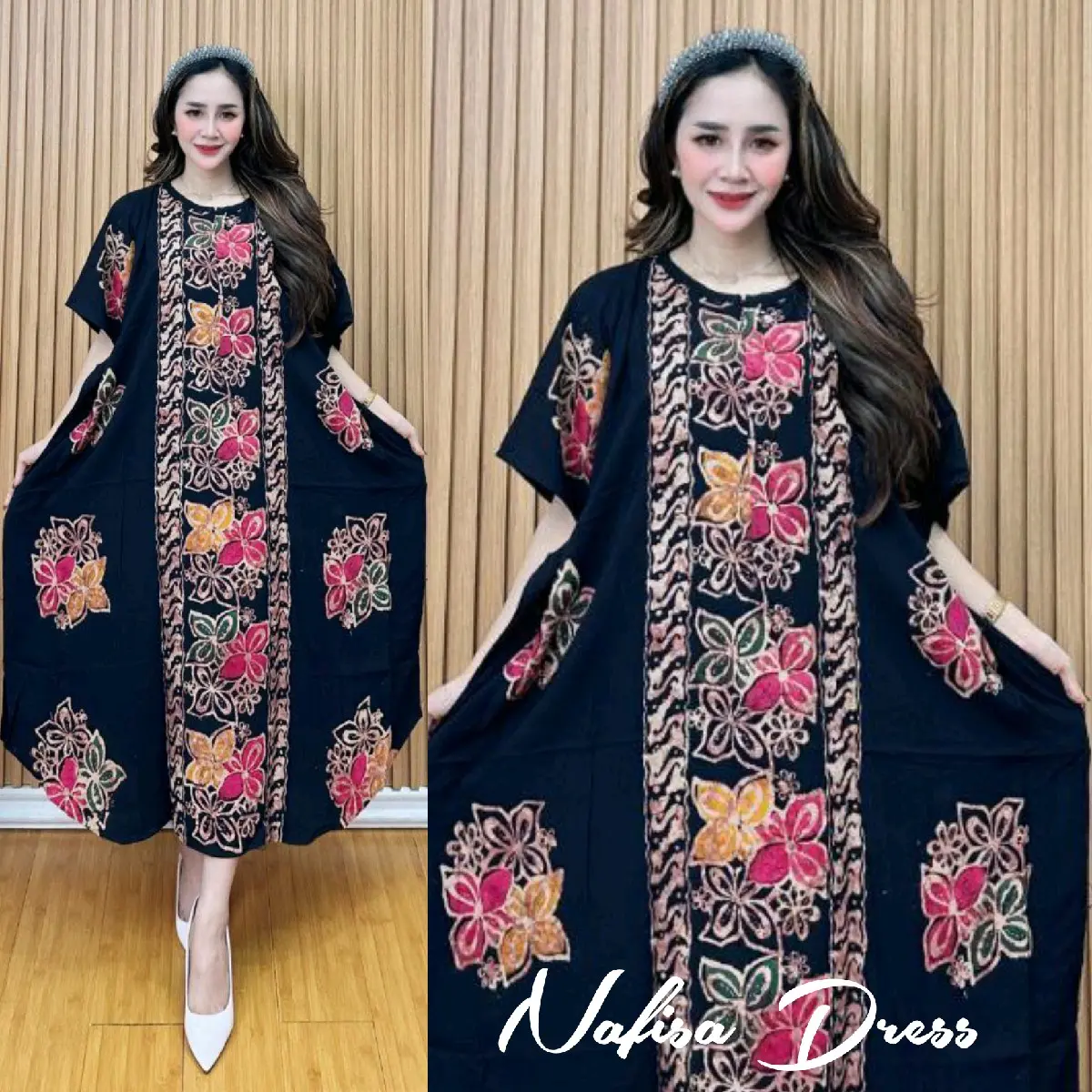 Nafisa Dress - Batik Cap Bahan Rayon Premium Jumbo By Batik Cincaro Midi gaun lebaran saila