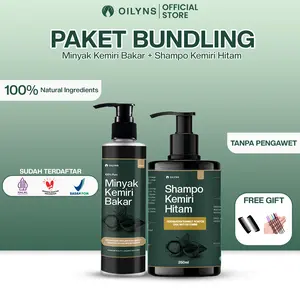 Oilyns Paket Bundling Minyak Kemiri Bakar 100ml & Shampo Kemiri 250ml Melebatkan Hitamkan Rontok Ketombe Uban Natural Ingredients Tanpa Bahan Kimia Perawatan Rambut Tebal Berkilau
