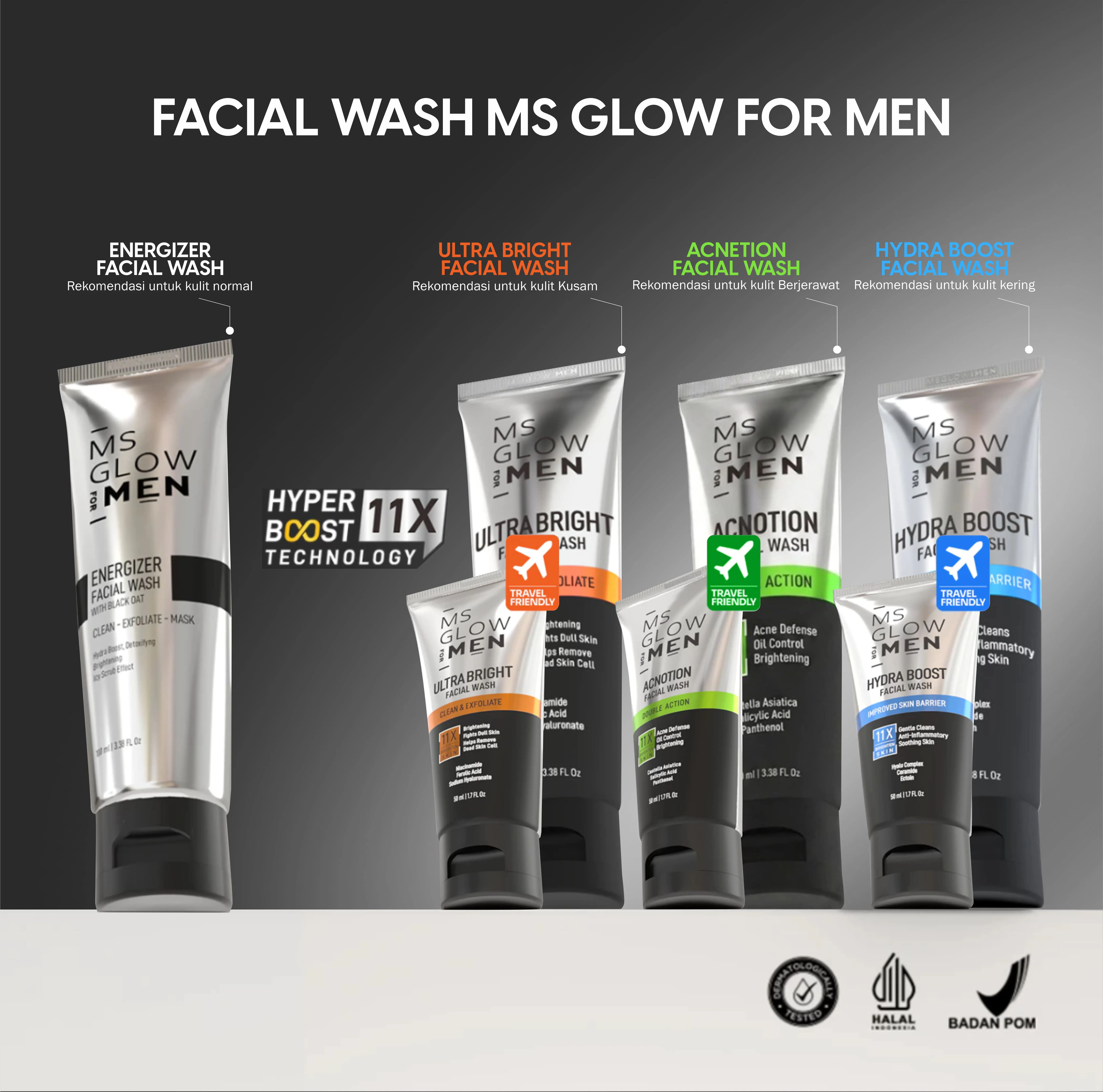 MS GLOW FOR MEN FACIAL WASH ULTRA BRIGHT ACNETION  HYDRA BOOST ENERGIZER TRAVEL
