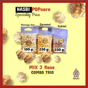 hasbi popcorn mix 3 rasa combo trio   [caramel 250g+coklat 250g+butter 100g]