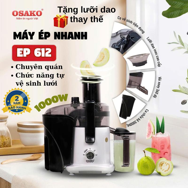 Máy ép trái cây Osako EP-612 công suất 1000W, lưới lọc siêu mịn 0.3mm, có chế…