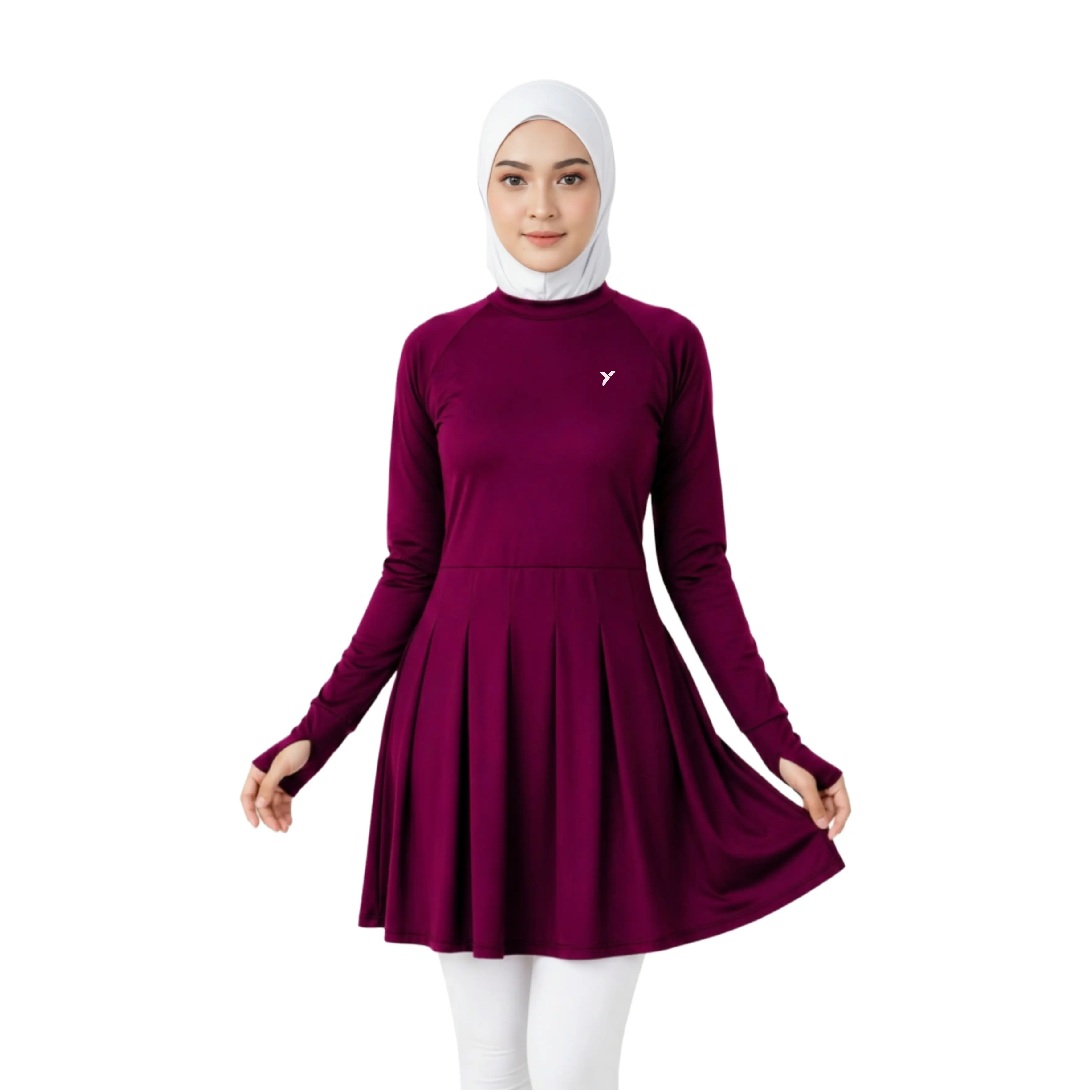 AMMY - Tunik Sporty Muslimah Long Sleeve Roundhand Anti UV Material Spandek Jersey Premium Adem Nyaman untuk Jogging, Senam, Gym, Yoga, Renang, Sepatu Roda, Longboard, Daily Wear & Inner Rok - BURGUNDY