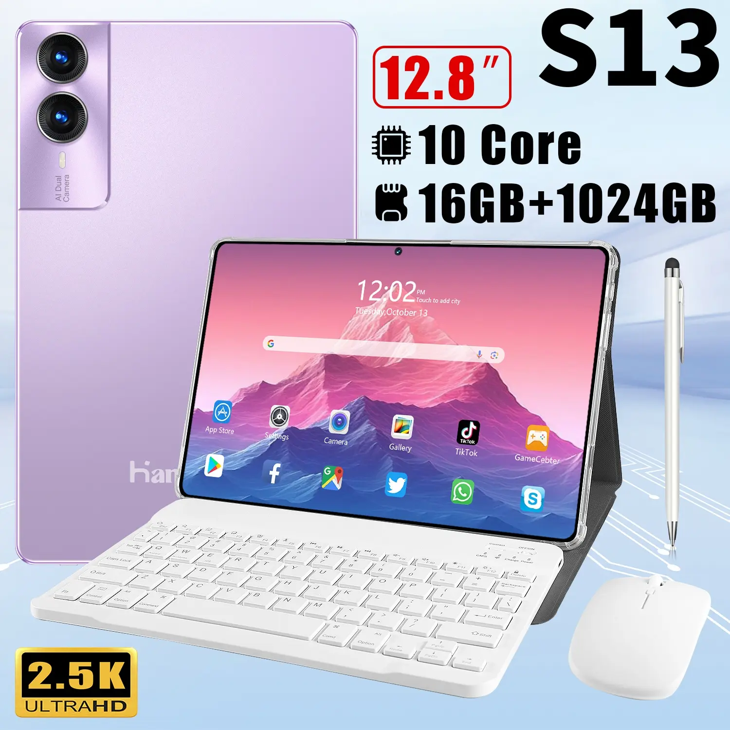 【Mouse Bluetooth Gratis + COD】Tablet Cerdas 2025 S13 Baru 16GB + 1TB (1024GB) RAM 12.8 inci 8800mAh Tablet Pembelajaran Siswa Tablet Gaming Bluetooth WiFi Desain Layar Ultra Ramping Layar HD Tampilan HD Layar Besar Promosi PC Tablet Cerdas Murah Terlaris