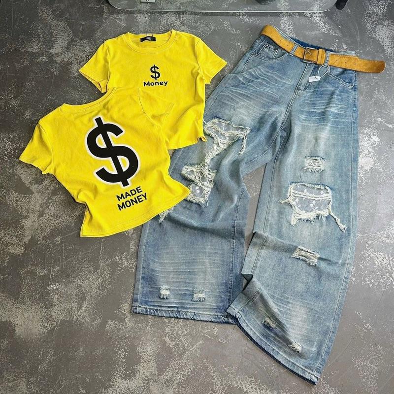 Quần jeans xuống mềm mài rách có lót ren FORM TO , Quần jeans nữ dáng xuông kèm đai vàng nổi bật Hàng QCL1 #66 ( LƯU Ý:FORM TO ) Lynk nhi