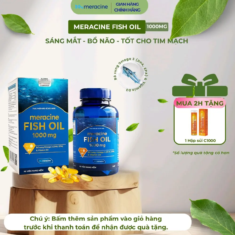 Dầu cá Omega 3 Meracine Fish Oil tăng cường thị lực và sáng mắt, bổ sung DHA, EPA và vitamin D3 lọ 90 viên (Meracine Fish Oil)