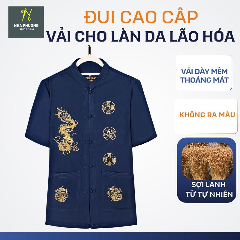 Áo sơ mi nam trung niên cổ tàu chất vải đũi mịn mát hình thêu rồng phượng cao cấp form rộng thoái mái ATK10