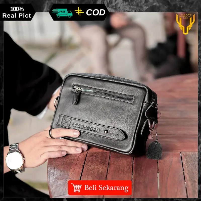 Tas Selempang Pria Kulit Sapi Asli Leaderbag Terbaru Hitam Waterproof Handbag Cowok Keren Branded Premium Multifungsi Clutchbag Slingbag 5