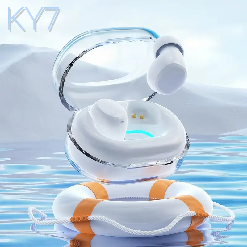Tai nghe KY7 mới nhất [2 Quà tặng miễn phí] 1 Nhãn dán hoạt hình+1 Bao tay chơi game,5 Màu,Cấp độ HiFi, Chống nước iPX5, Giảm tiếng ồn ENC, Mict tích hợp,Thiết kế vòng bơi, Ánh sáng xung quanh,Thân máy hoàn toàn trong suốt 0