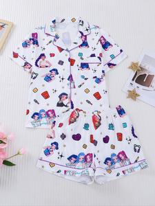 Conjunto de 2 piezas K-pop Demon Hunter estampado camiseta de manga corta y shorts - Top lindo, divertido y cómodo con pequeños bolsillos, cierre de botones, cintura elástica, adecuado para todas las estaciones, ropa de casa casual, uso diario y pijamas