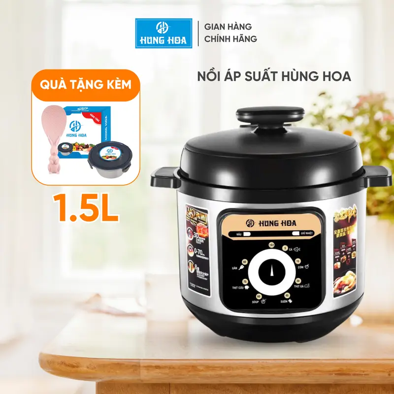 Nồi Áp Suất Chính Hãng 1.5 lít Hùng Hoa: Nắp nồi chống bỏng; 12 chức năng nấu; Tiết kiệm thời gian, tiết kiệm điện; Kiểm soát nhiệt độ tự động; Tặng kèm túi vải cao cấp hoặc Hộp đựng thức ăn + Muôi xới cao cấp 0