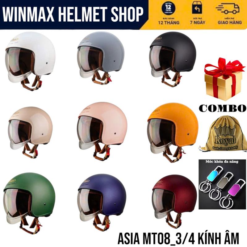 COMBO Móc Khóa Xoay 360" Hợp Kim, ASIA Mũ Bảo Hiểm Xe Máy 3/4 Đầu MT-08 Và ROYAL M139 Size M/L/XL/2XL Kính Âm Thương Hiệu Hàng Chính Hãng Bảo Hành 12 Tháng