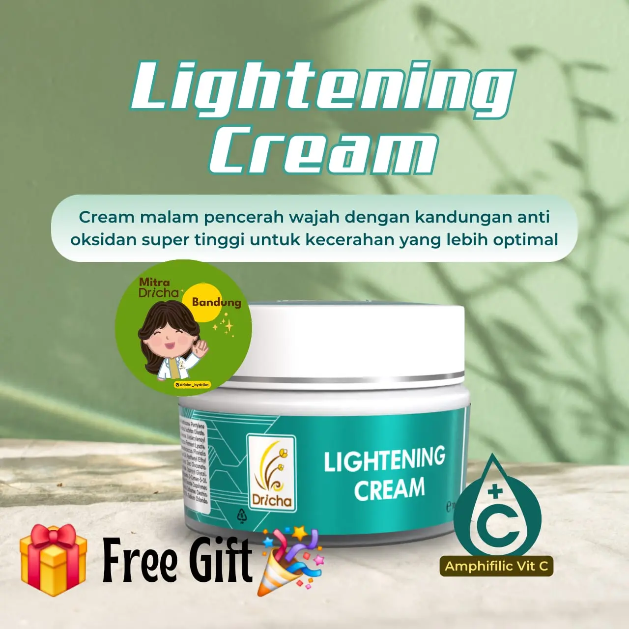 Dricha Lightening Cream (Krim malam pencerah wajah) Perawatan kulit untuk Mencerahkan dan melembabkan/Moisturizer, menyamarkan noda Hitam pada wajah/Muka