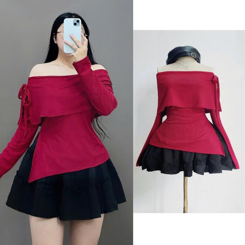 Set Áo Váy Mùa Hè Bigsize VÀ CÓ LẺ ÁO VÁY Áo Trễ Vai Dài Tay Buột Nơ Điệu Đà Phối Chân Váy 2 Tầng Xoè Dễ Thương Cho Nữ Chuppy 60-95Kg Women G257 CV409