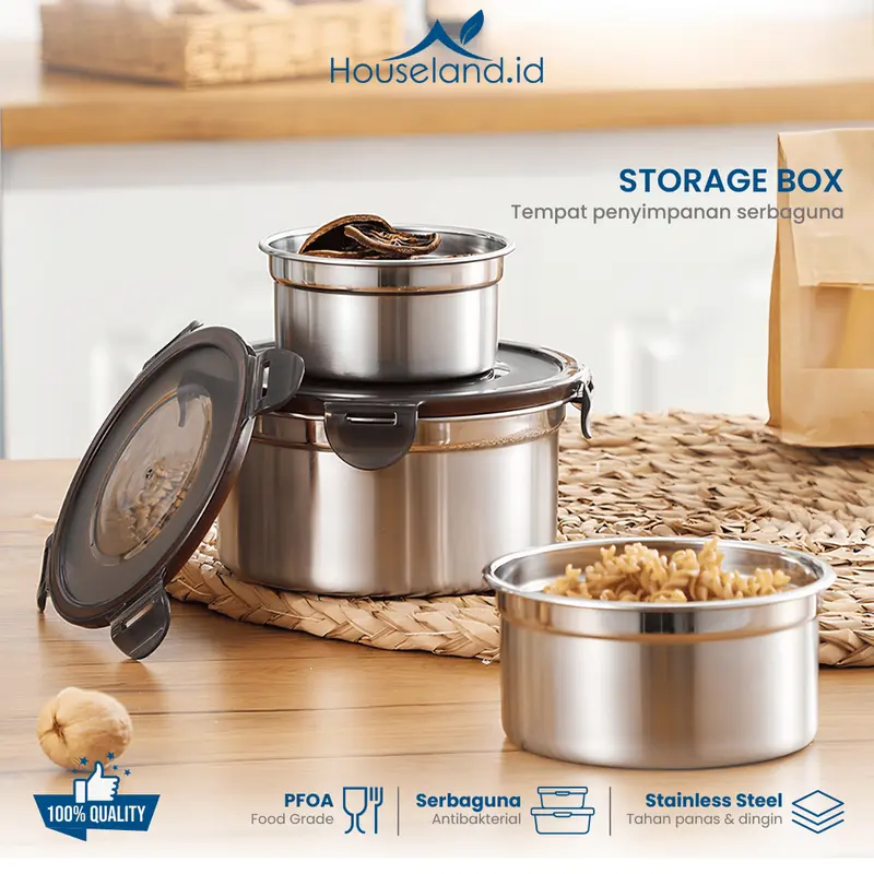 Kotak Makan Stainless Anti Bocor Anti Bau - [BULAT] Tempat Makan Toples Foodgrade dengan Penutup Klip - Kitchenware 0