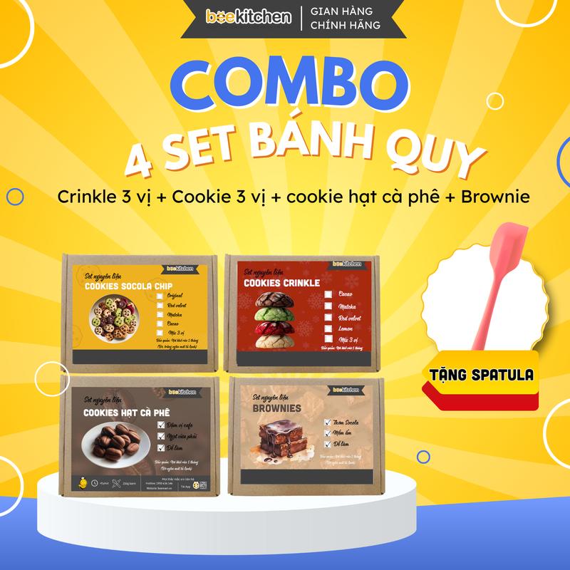 Combo Set Làm Bánh Quy Crinkle 3 vị + Cookie mix 3 vị full + Cookie hạt cà phê+ Brownie cơ bản + Tặng Spatula 28cm - Thành phẩm 30 bánh crinkle + 20 bánh cookie + 30 bánh hạt cà phê