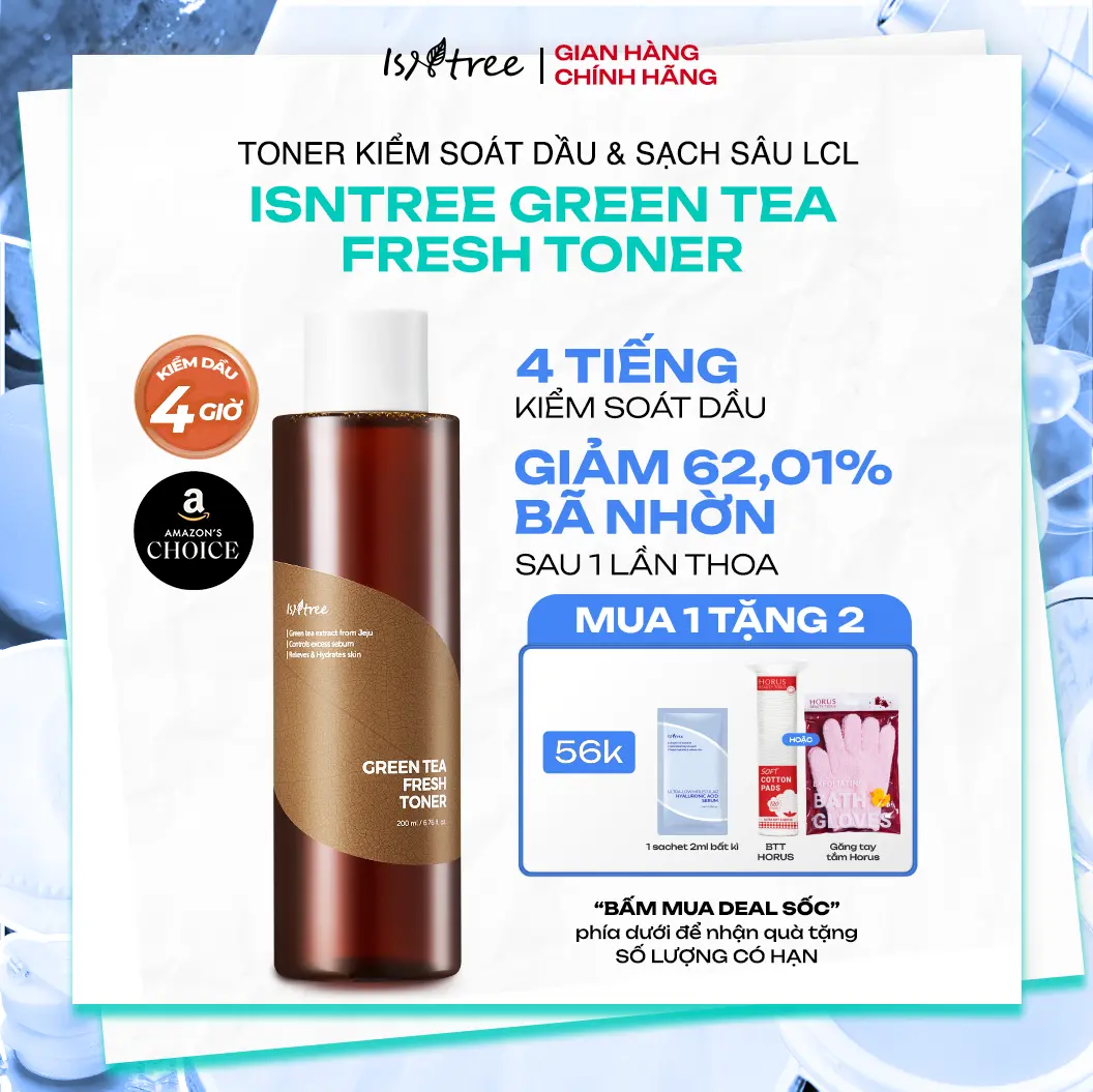 [Tặng 1 Túi bông tẩy trang 120 pads+1 sachet 2ml] Nước hoa hồng Trà Xanh kiểm soát dầu nhờn và làm dịu Isntree Green Tea Fresh Toner 200ml