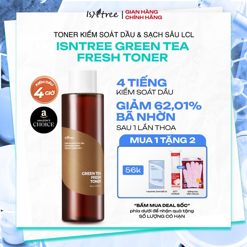 [Tặng 1 Túi bông tẩy trang 120 pads+1 sachet 2ml] Nước hoa hồng Trà Xanh kiểm soát dầu nhờn và làm dịu Isntree Green Tea Fresh Toner 200ml 0