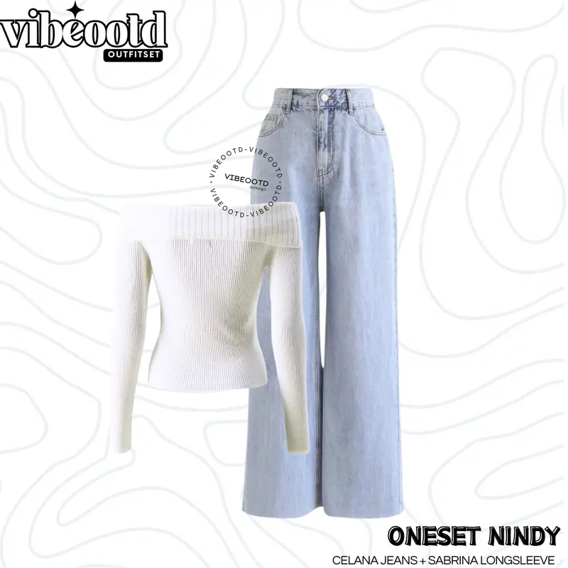 Nindy Outfit Set Wanita  ( Celana Loose Pants Denim + Atasan Sabrina Longsleeve Premium Basic ) Setelan Santai Cantik  | Ootd Hangout Simple |  One Set Nyaman Casual Fit Panjang Lembut 2