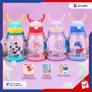 Botol Minum Anak Tanduk Rusa 600 ML Lucu Anti Tumpah Tutup Flip Lock dengan Sedotan Silikon Food Grade
